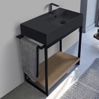 Console Bathroom Vanity Console Sink Vanity With Matte Black Ceramic Sink and Natural Brown Oak Shelf Scarabeo 5118-49-SOL2-89